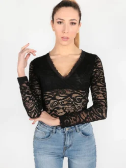 Solada Body nero in pizzo a maniche lunghe