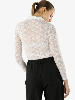 Solada Camicia body da donna in pizzo a maniche lunghe con rouches - bianco