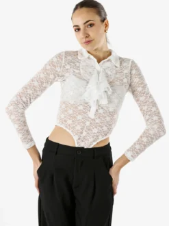 Solada Camicia body da donna in pizzo a maniche lunghe con rouches - bianco