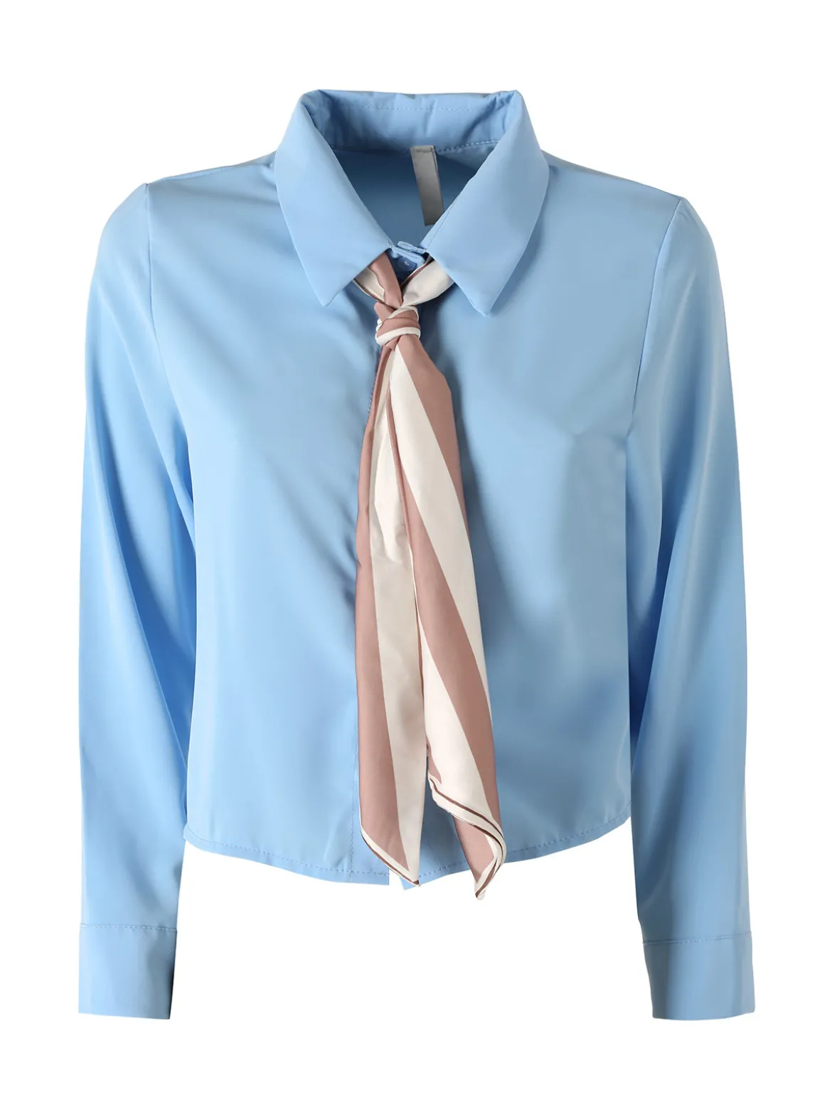 Solada Camicia crop da donna a maniche lunghe con cravattino a foulard - azzurro
