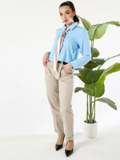 Solada Camicia crop da donna a maniche lunghe con cravattino a foulard - azzurro