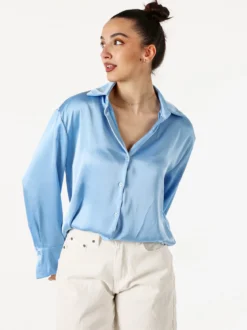 Solada Camicia da donna effetto raso a maniche lunghe - azzurro