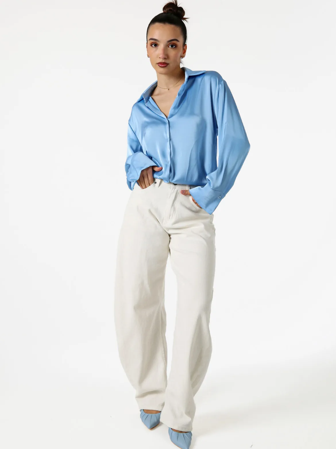 Solada Camicia da donna effetto raso a maniche lunghe - azzurro