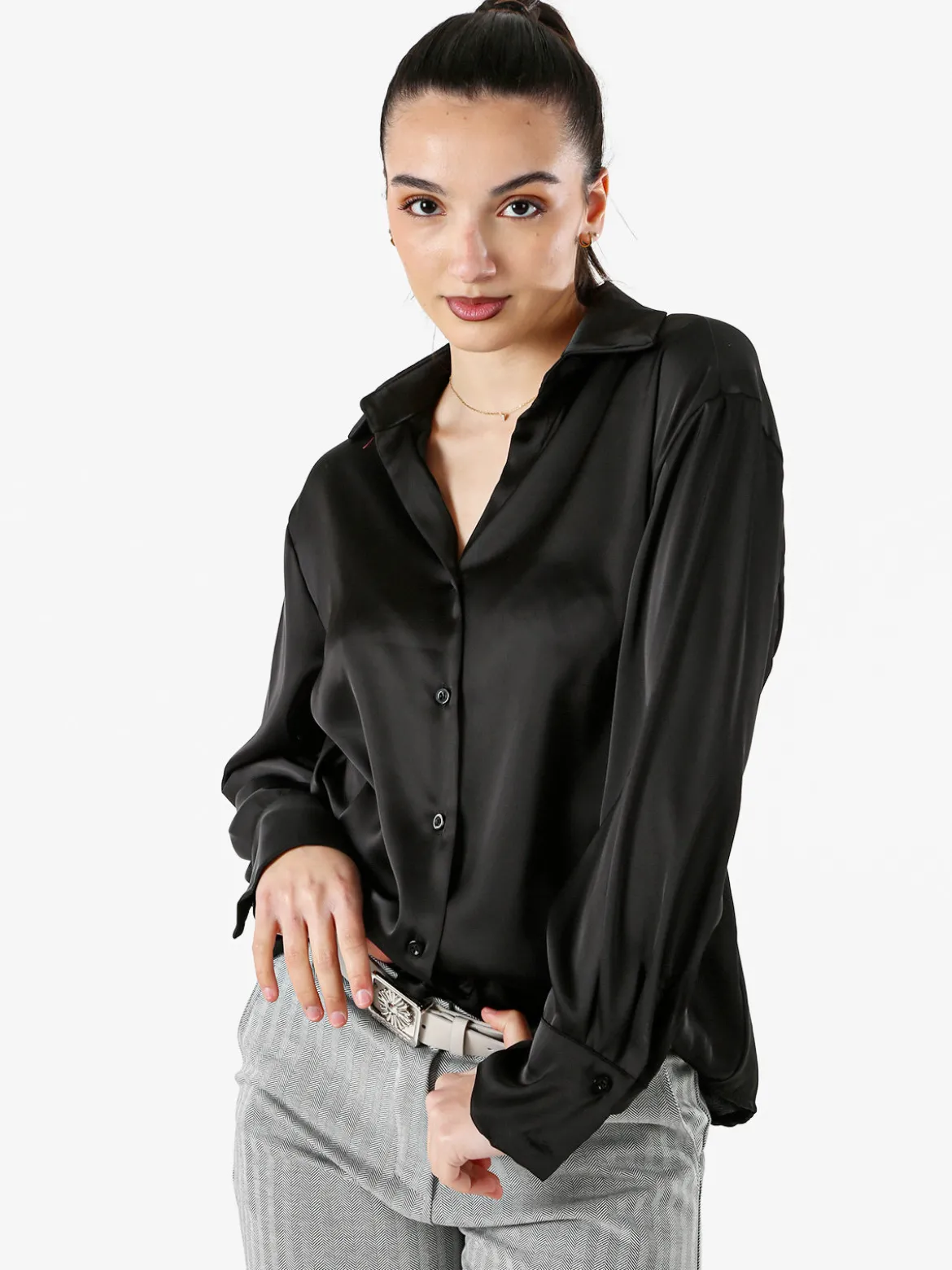 Solada Camicia da donna effetto raso a maniche lunghe - nero