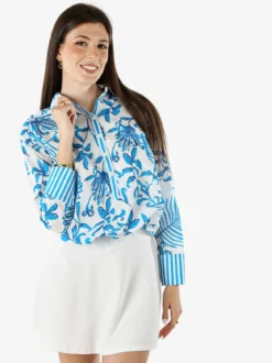 Solada Camicia da donna in cotone a maniche lunghe con stampa floreale - turchese