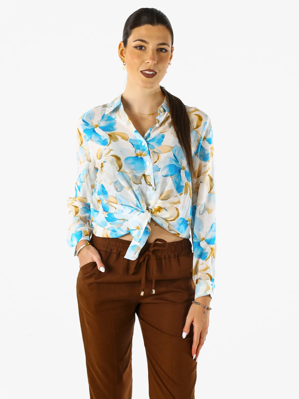 Solada Camicia da donna in misto cotone con stampa floreale a maniche lunghe - azzurro