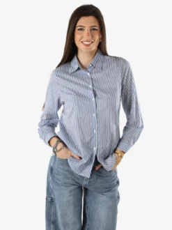 Solada Camicia donna a maniche lunghe in cotone con righe verticali - azzurro