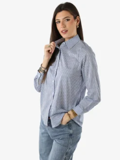 Solada Camicia donna a maniche lunghe in cotone con righe verticali - azzurro