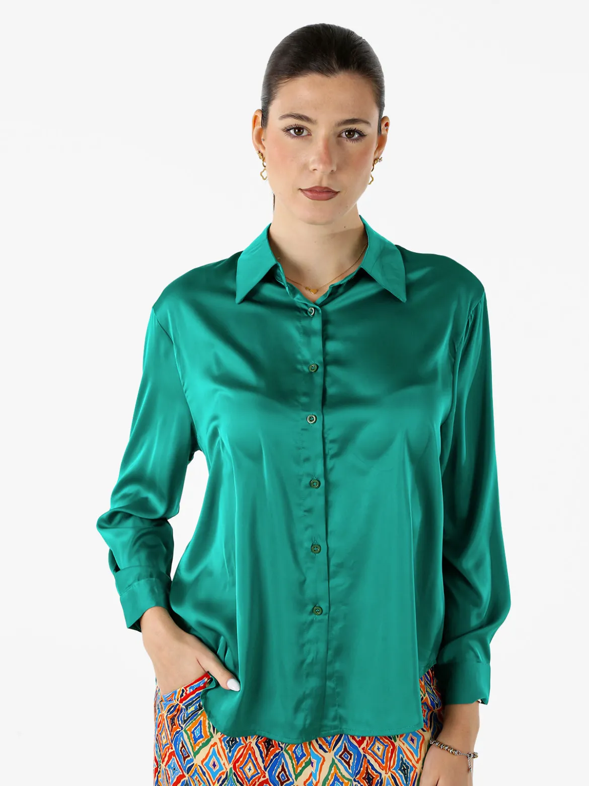 Solada Camicia donna a maniche lunghe in tessuto simil raso - verde