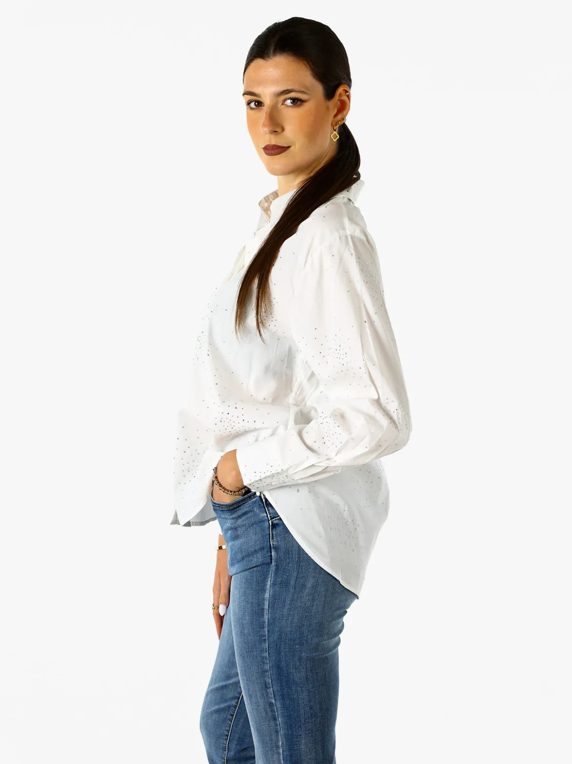 Solada Camicia donna in cotone a maniche lunghe con strass - bianco