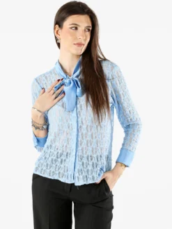 Solada Camicia donna in pizzo a maniche lunghe con dettagli effetto raso - azzurro