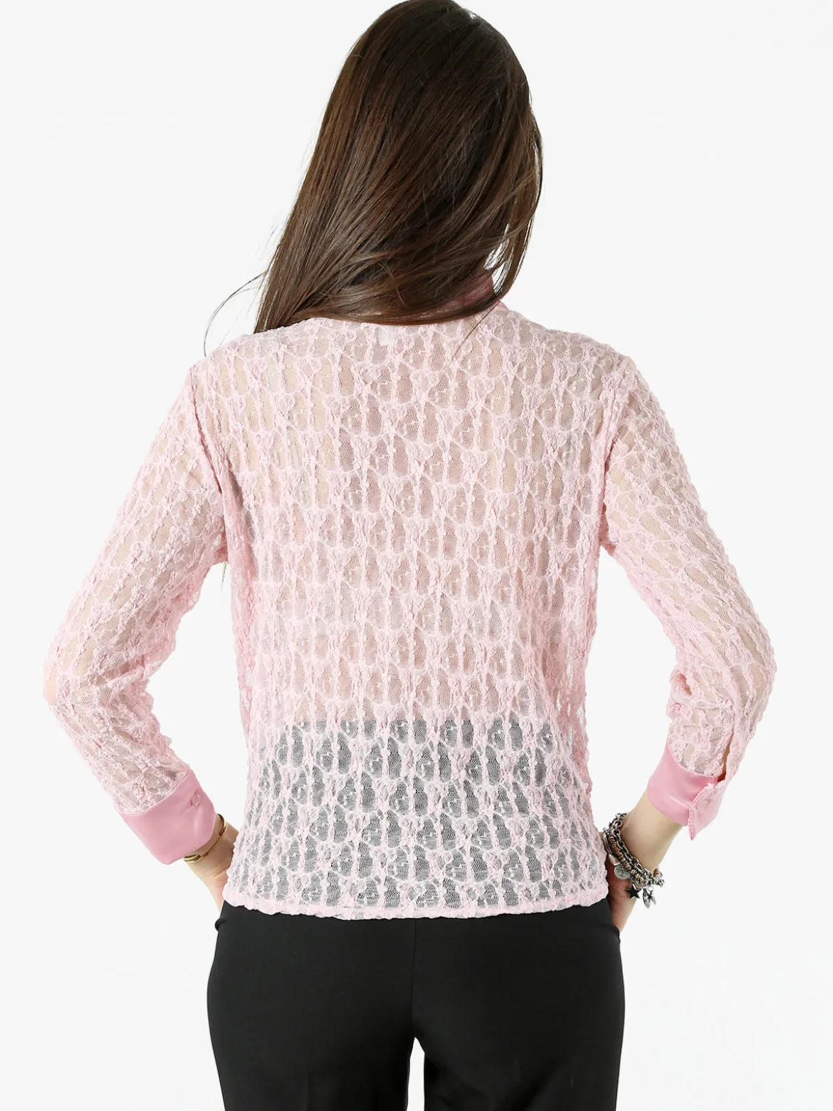 Solada Camicia donna in pizzo a maniche lunghe con dettagli effetto raso - rosa
