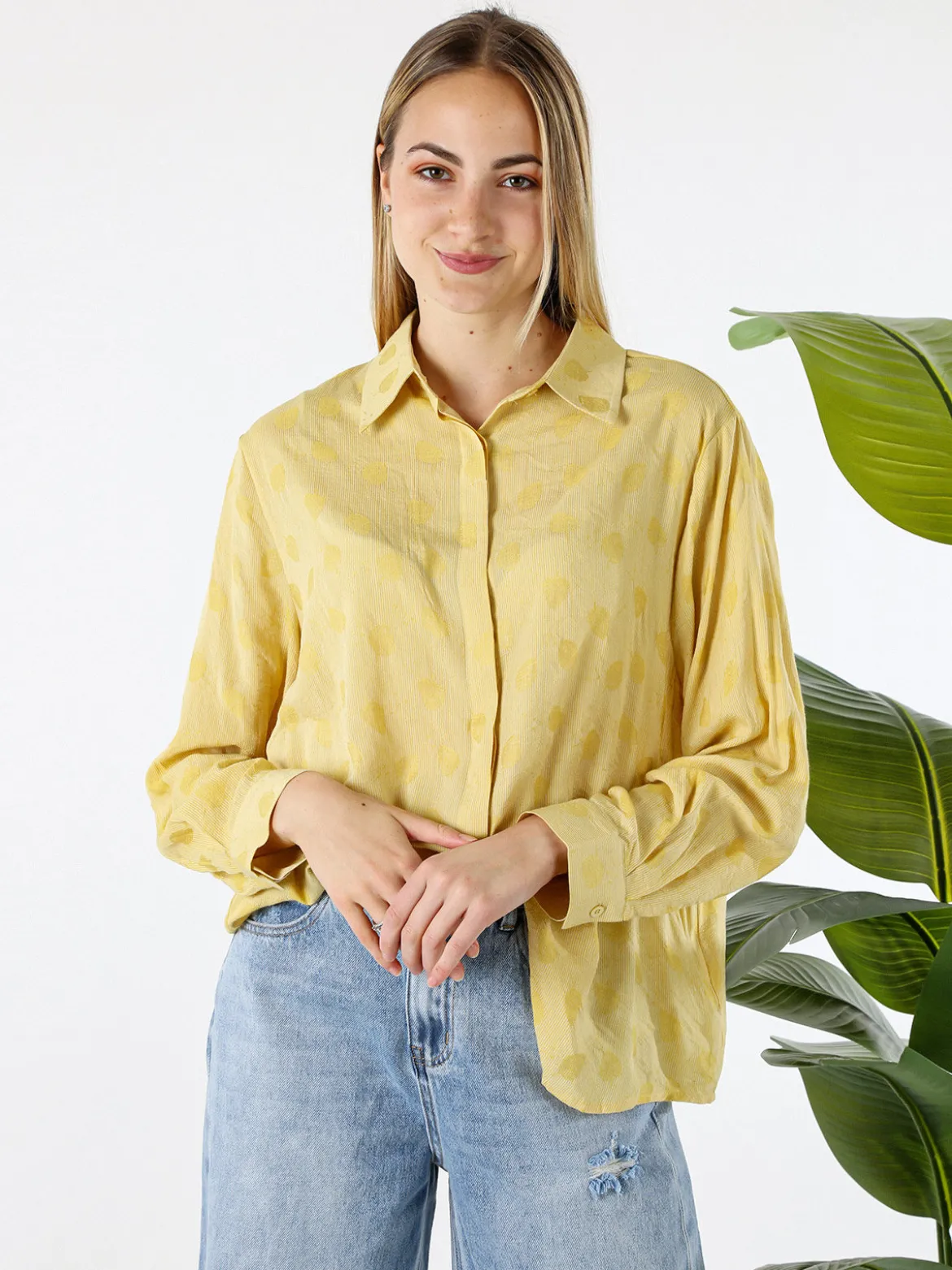 Solada Camicia donna oversize a maniche lunghe in misto cotone - giallo