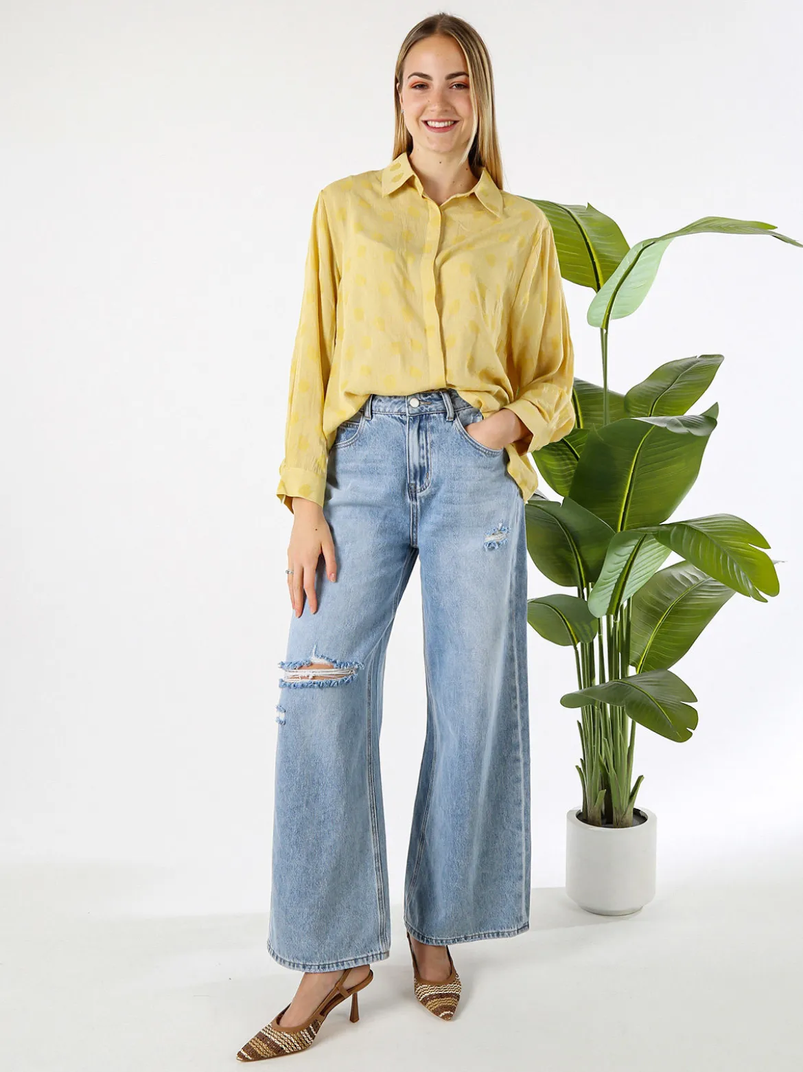 Solada Camicia donna oversize a maniche lunghe in misto cotone - giallo