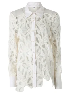 Solada Camicia donna ricamata in pizzo a maniche lunghe - panna