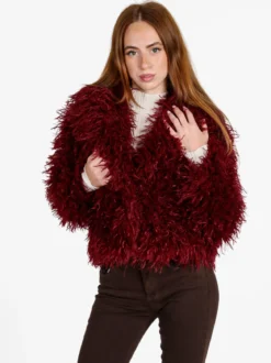 Solada Cappotto corto donna in ecopelliccia mongolia - bordeaux