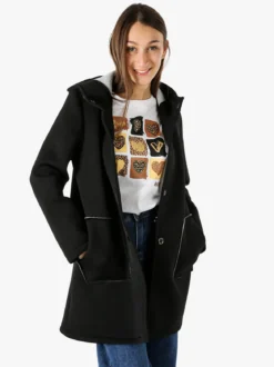 Solada Cappotto da donna in panno con bottoni e cappuccio - nero