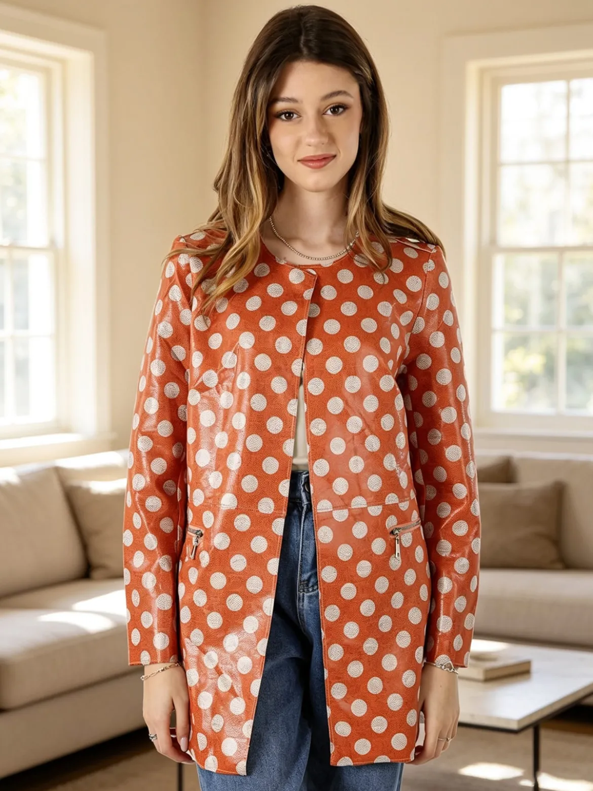 Solada Cappotto donna con stampe a pois senza chiusura - arancione