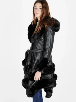 Solada Cappotto donna in ecopelle con cappuccio e dettagli in pelliccia sintetica