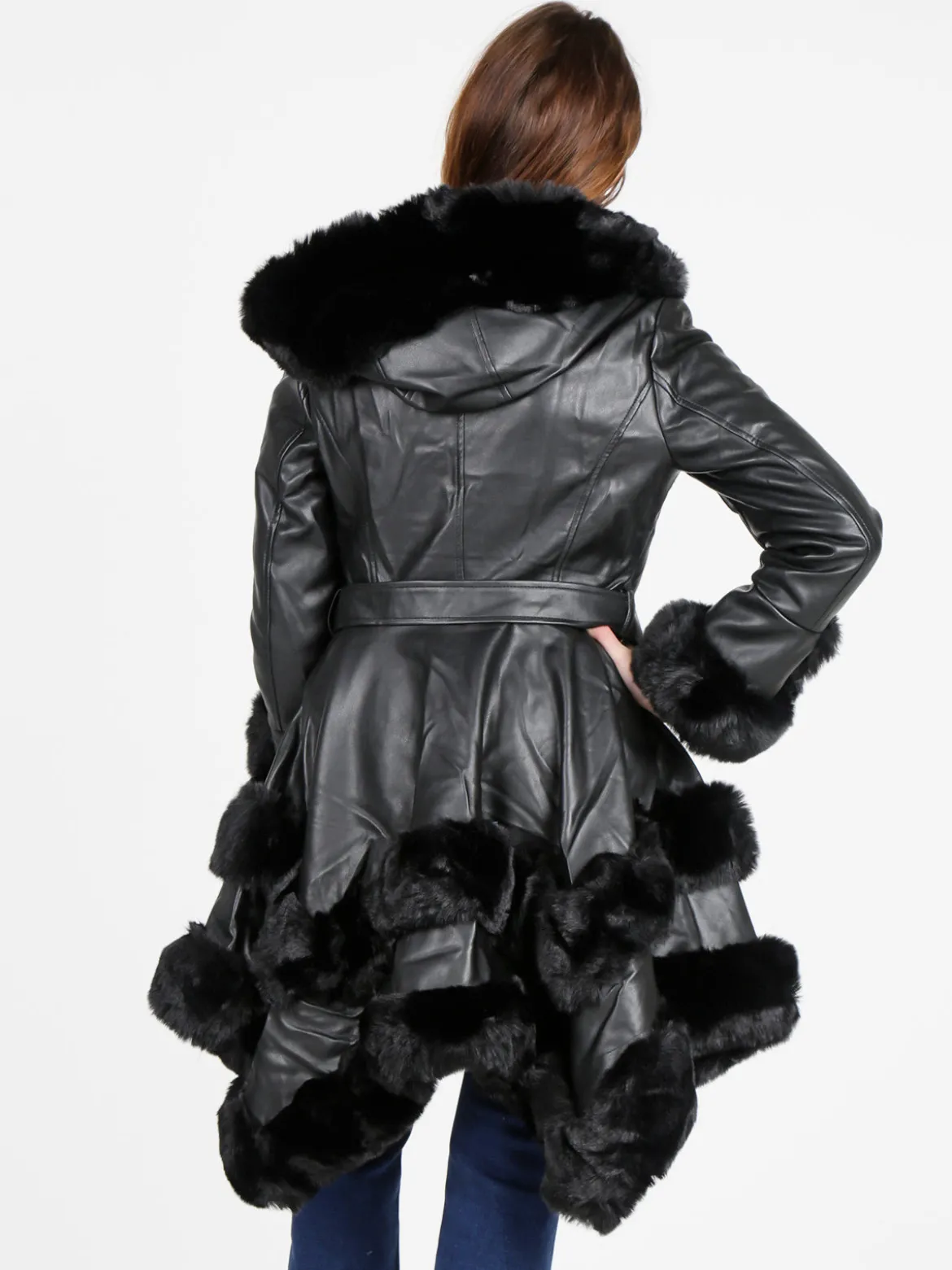 Solada Cappotto donna in ecopelle con cappuccio e dettagli in pelliccia sintetica