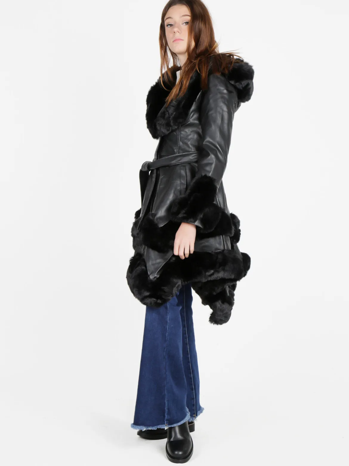 Solada Cappotto donna in ecopelle con cappuccio e dettagli in pelliccia sintetica