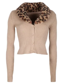Solada Cardigan donna in maglia con colletto animalier in pelliccia sintetica