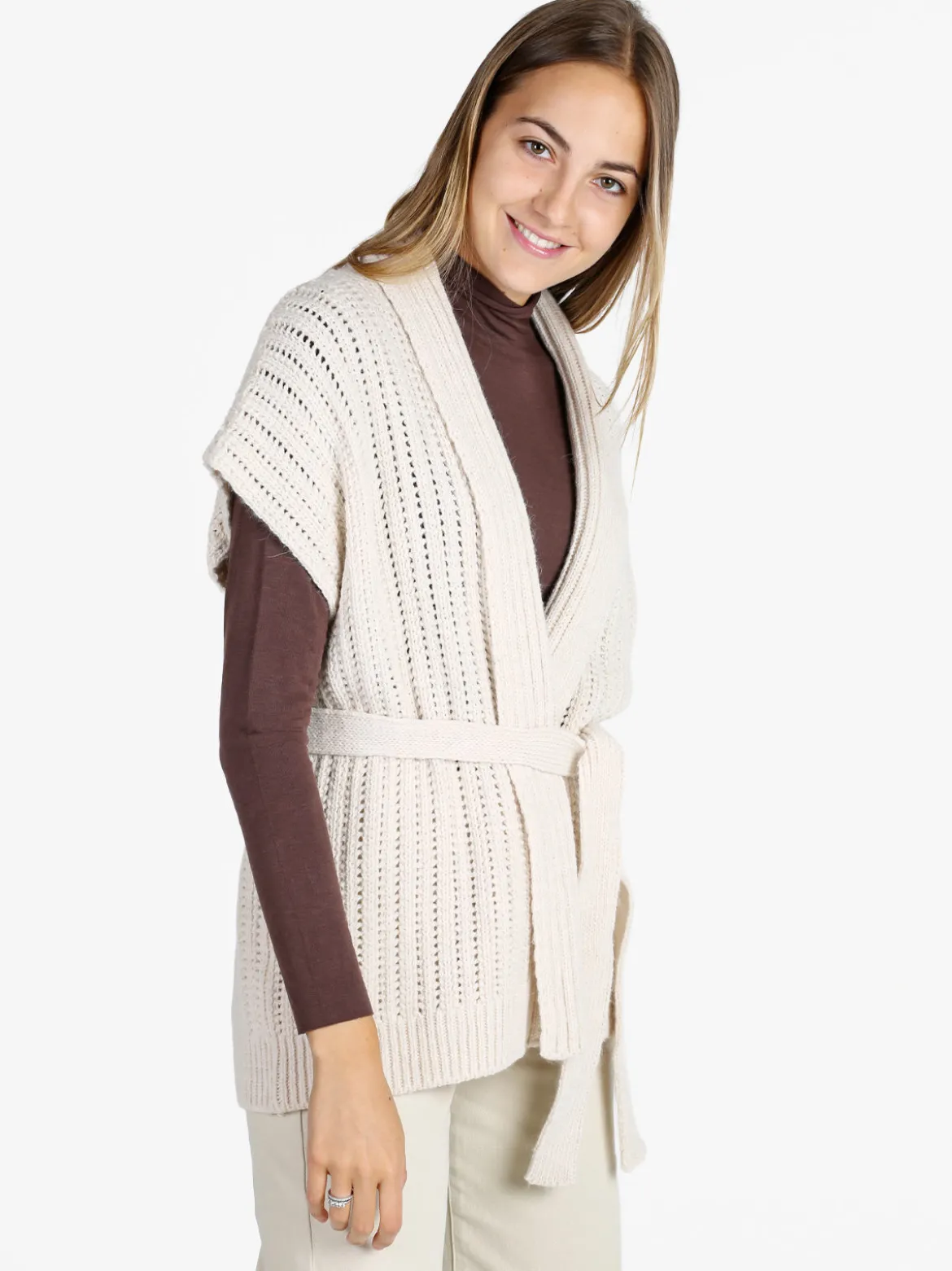 Solada Cardigan donna smanicato in maglia traforata con cintura - moro