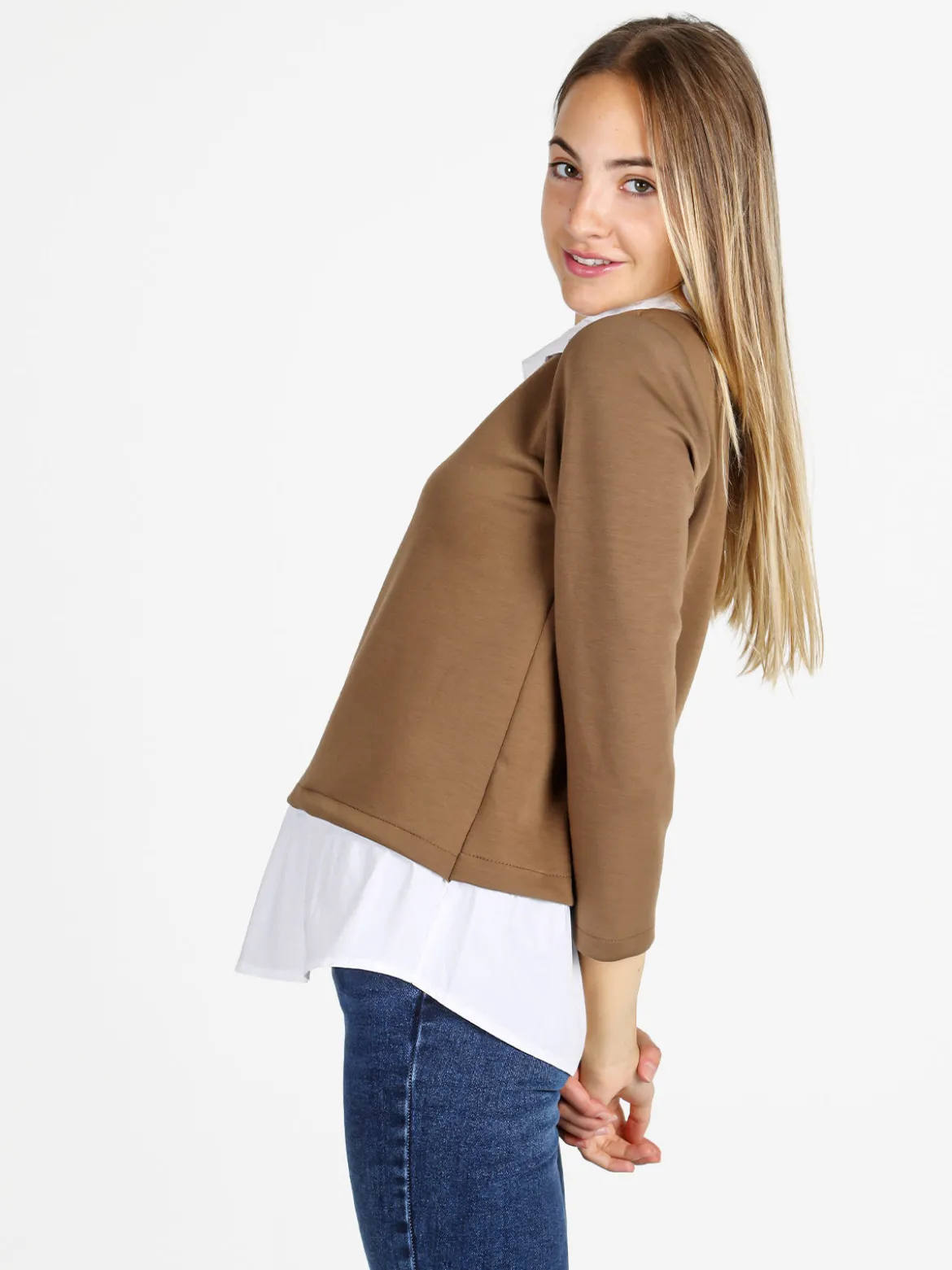 Solada Felpa donna girocollo con dettagli a camicia - marrone