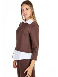 Solada Felpa donna girocollo con dettagli a camicia - moro