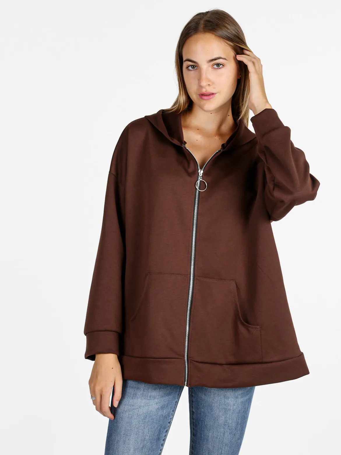 Solada Felpa donna oversize con cappuccio e zip - moro