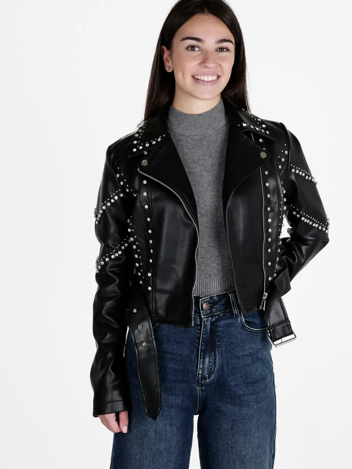 Solada Giacca biker in ecopelle da donna con strass