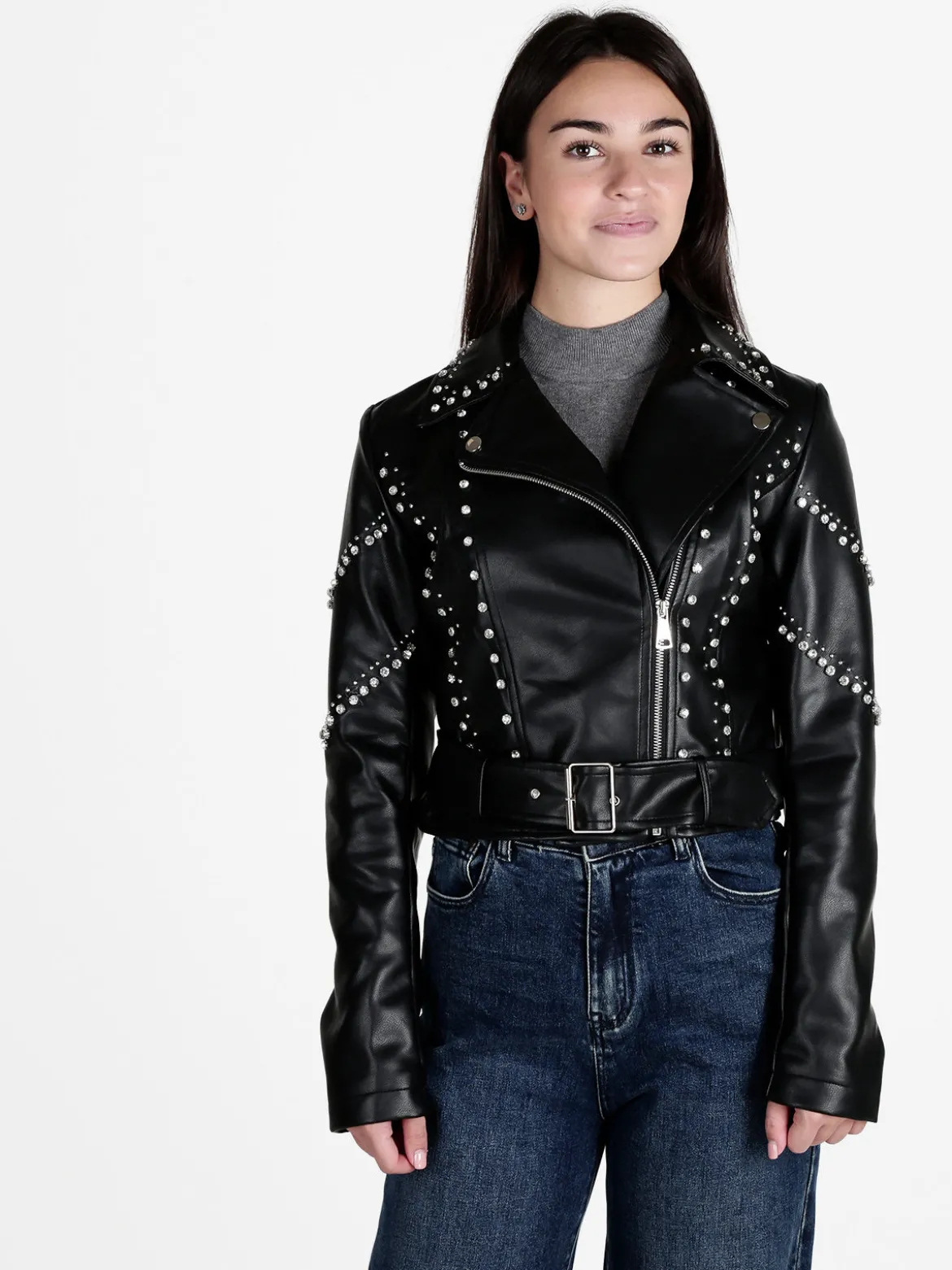 Solada Giacca biker in ecopelle da donna con strass
