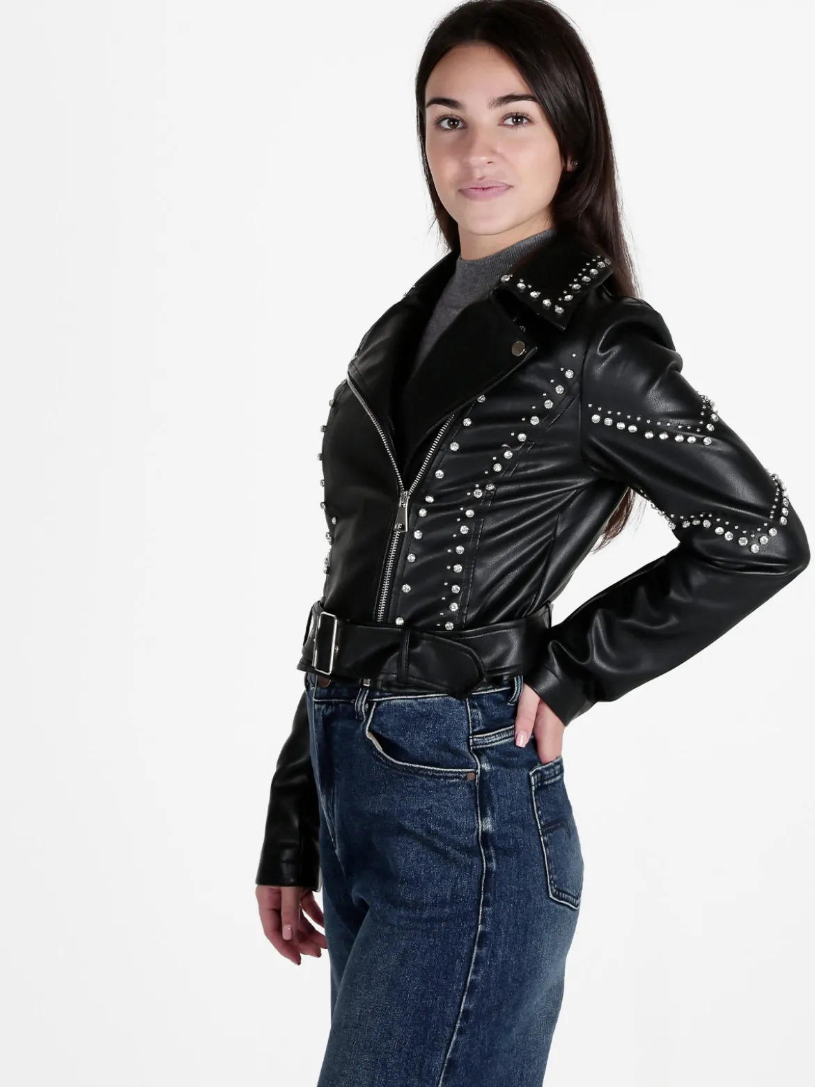 Solada Giacca biker in ecopelle da donna con strass