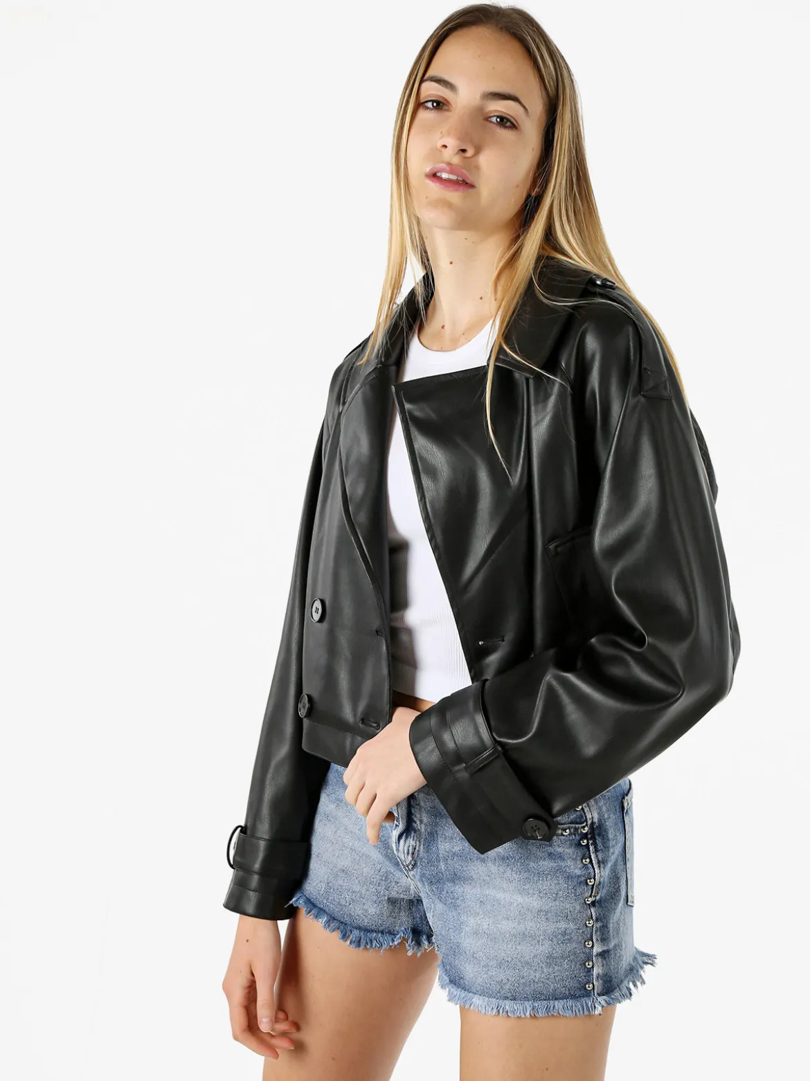Solada Giacca cropped in ecopelle da donna con chiusura a doppiopetto - nero