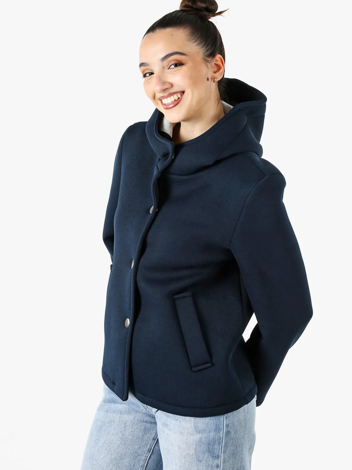 Solada Giacca da donna in panno con bottoni e cappuccio - blu scuro