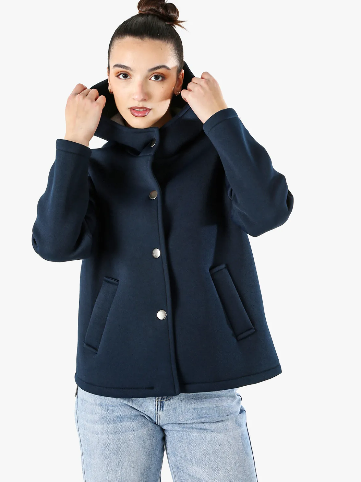 Solada Giacca da donna in panno con bottoni e cappuccio - blu scuro