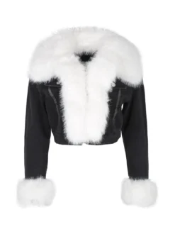 Solada Giacca donna cropped in jeans con polsini e scollo in pelliccia sintetica