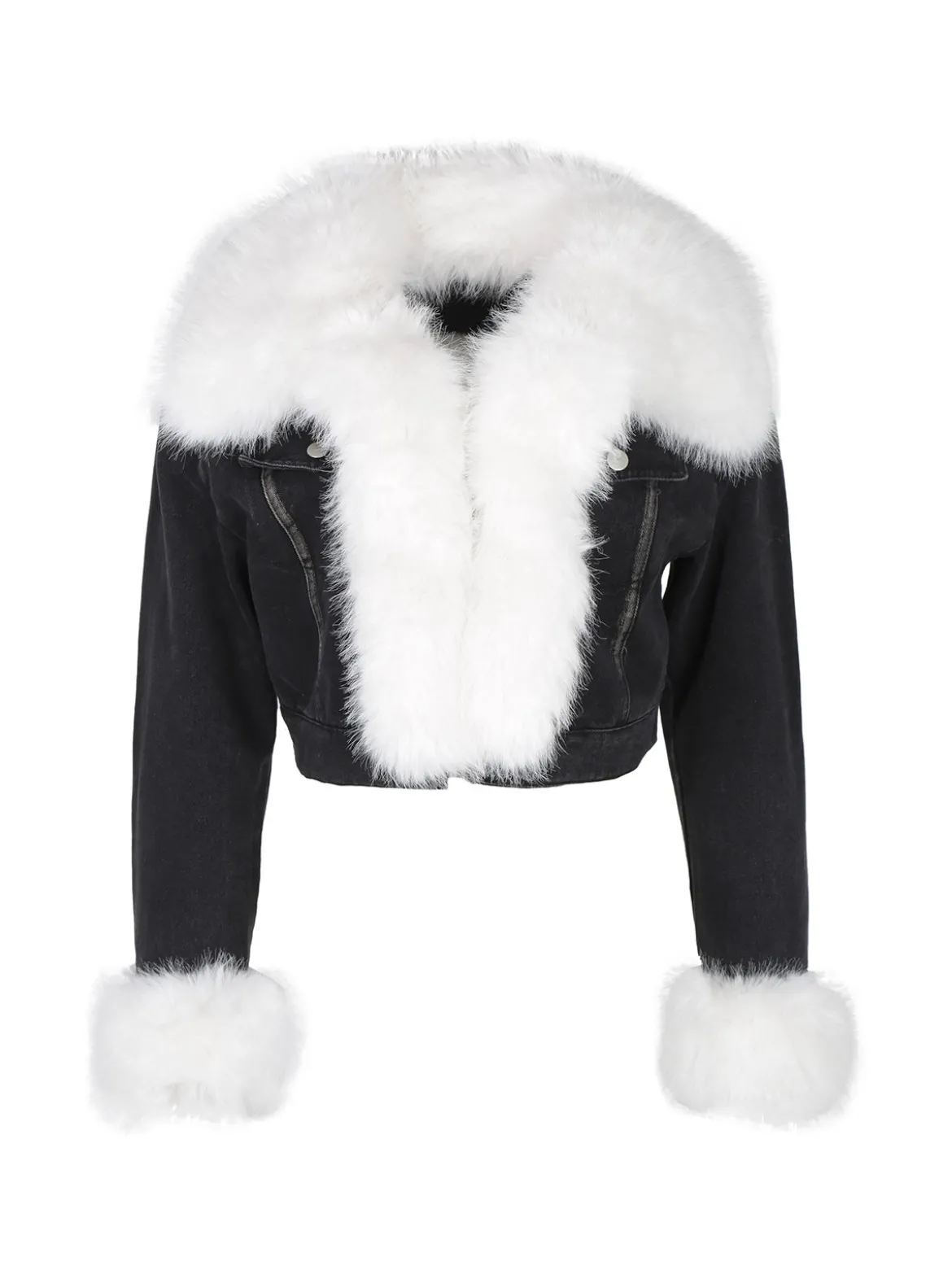 Solada Giacca donna cropped in jeans con polsini e scollo in pelliccia sintetica