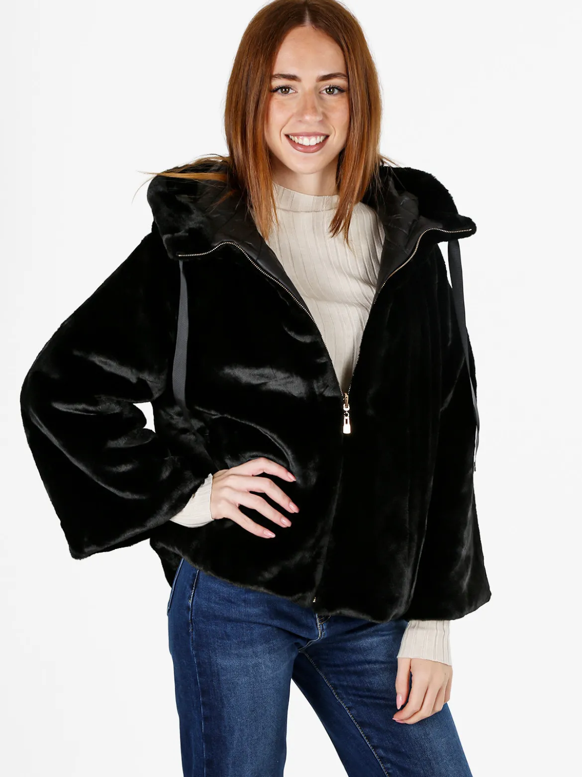 Solada Giacca donna oversize in ecopelliccia reversibile - nero