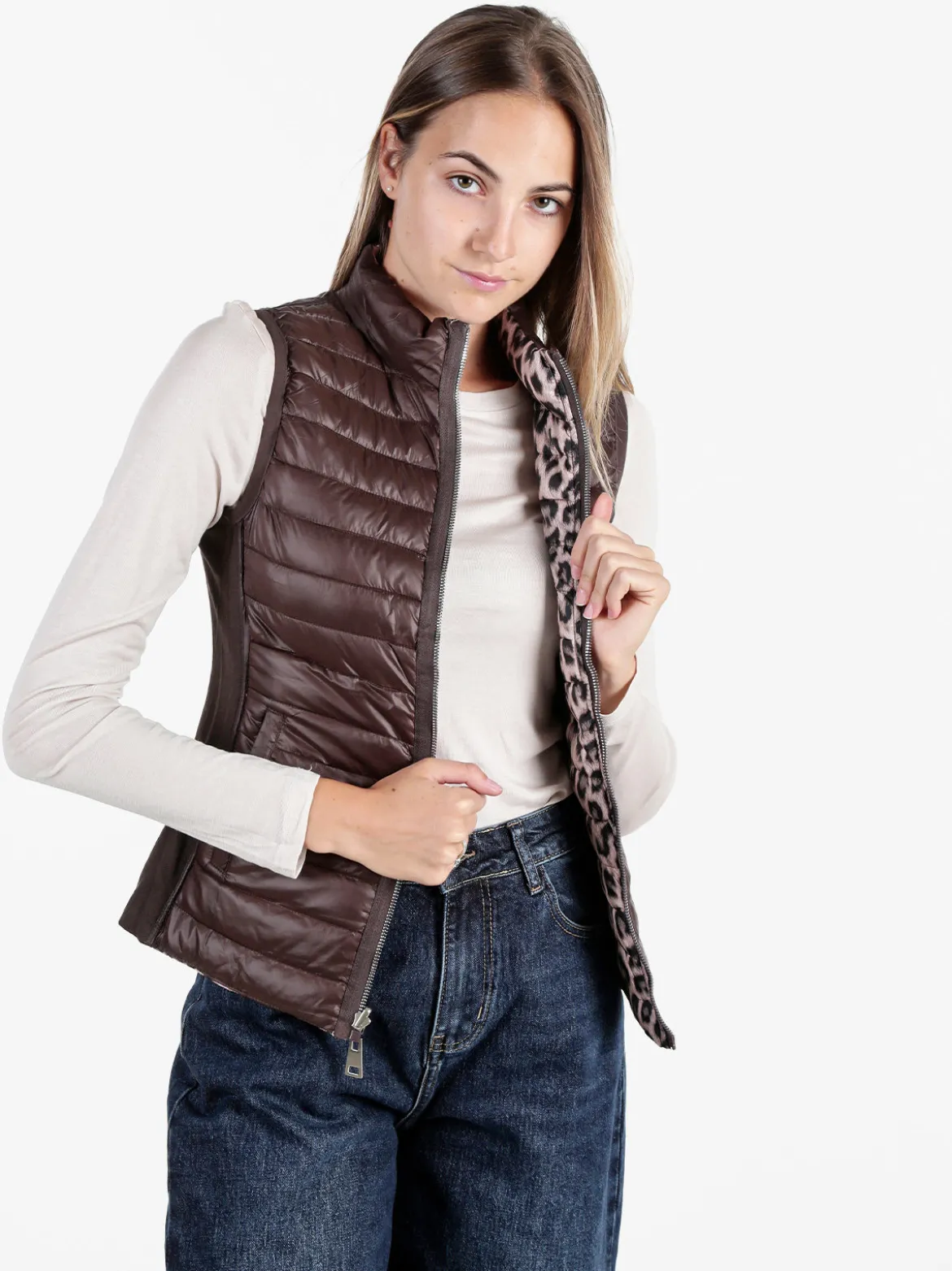 Solada Gilet donna animalier imbottito reversibile - marrone