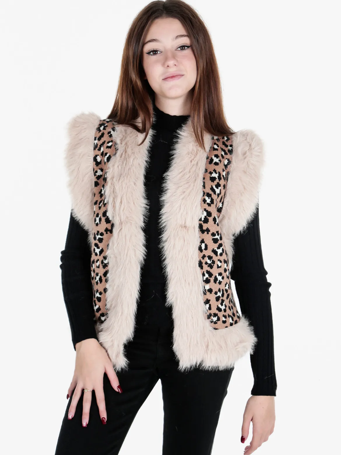 Solada Gilet donna in maglia con bordi in ecopelliccia