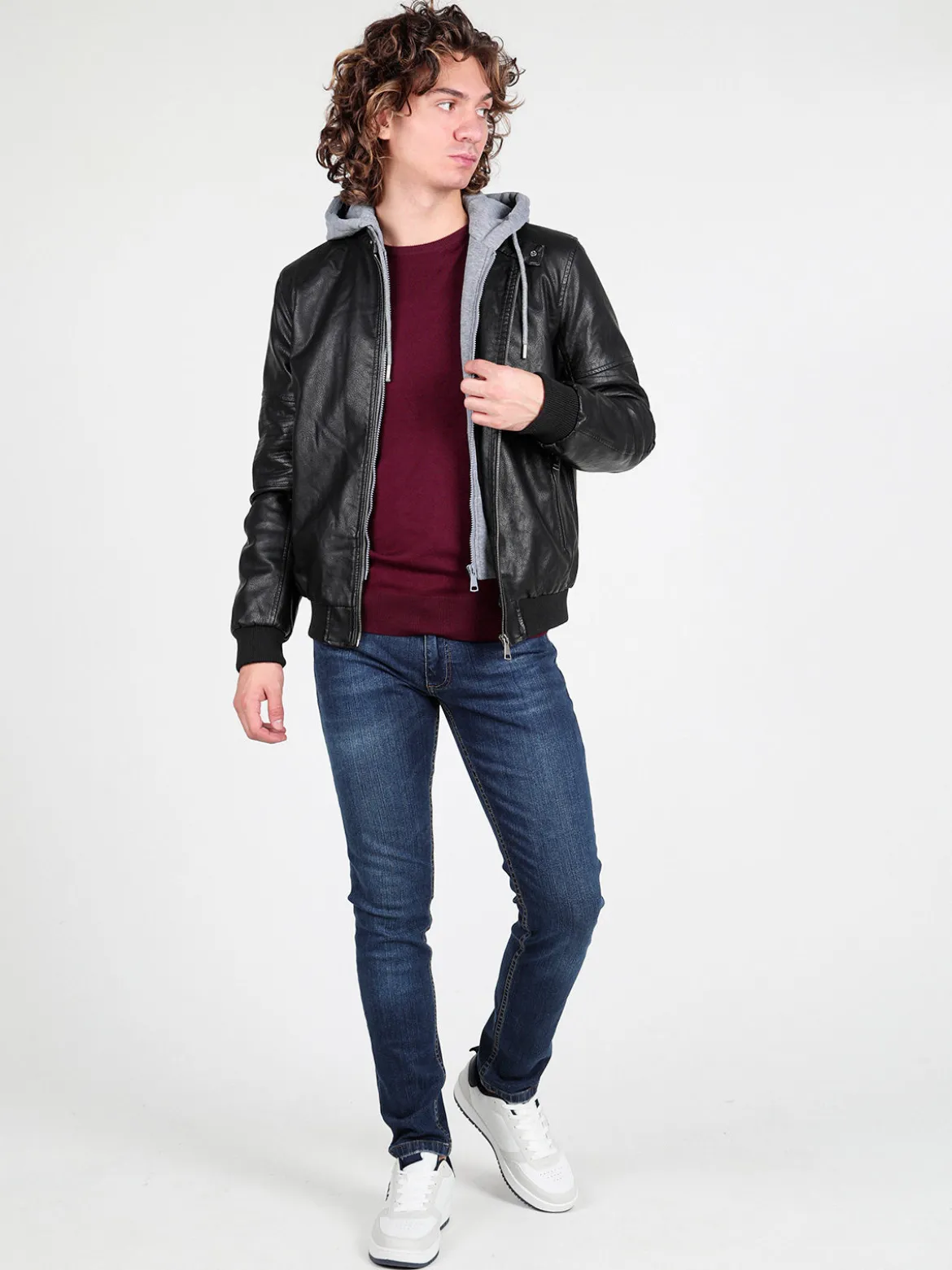 Solada Giubbotto da uomo in ecopelle con cappuccio in felpa