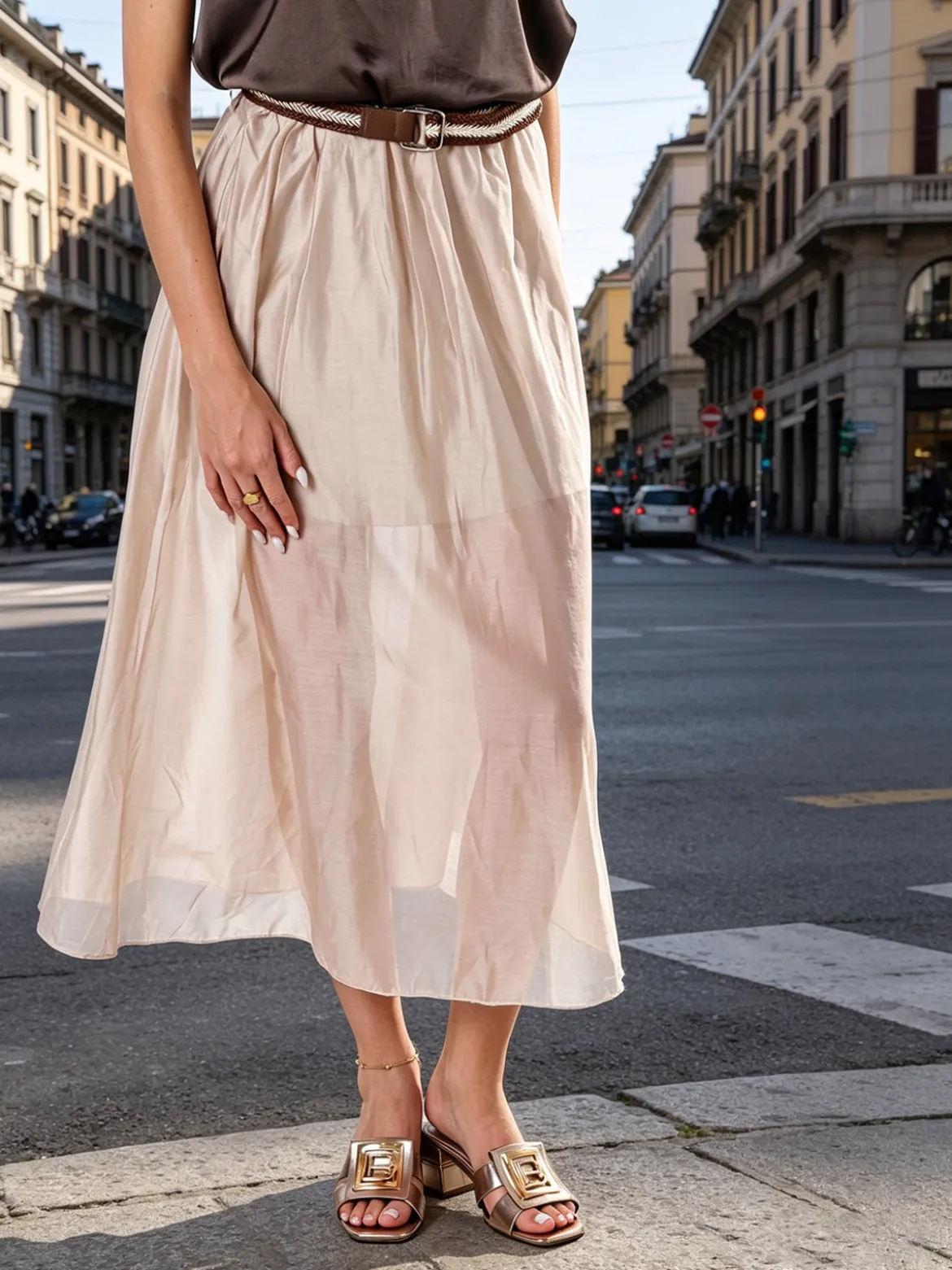 Solada Gonna lunga da donna con cintura bicolore in corda - beige