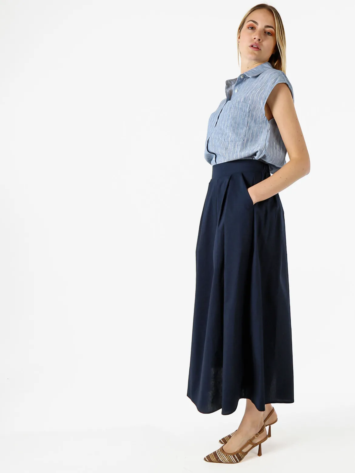 Solada Gonna midi da donna in cotone - blu scuro