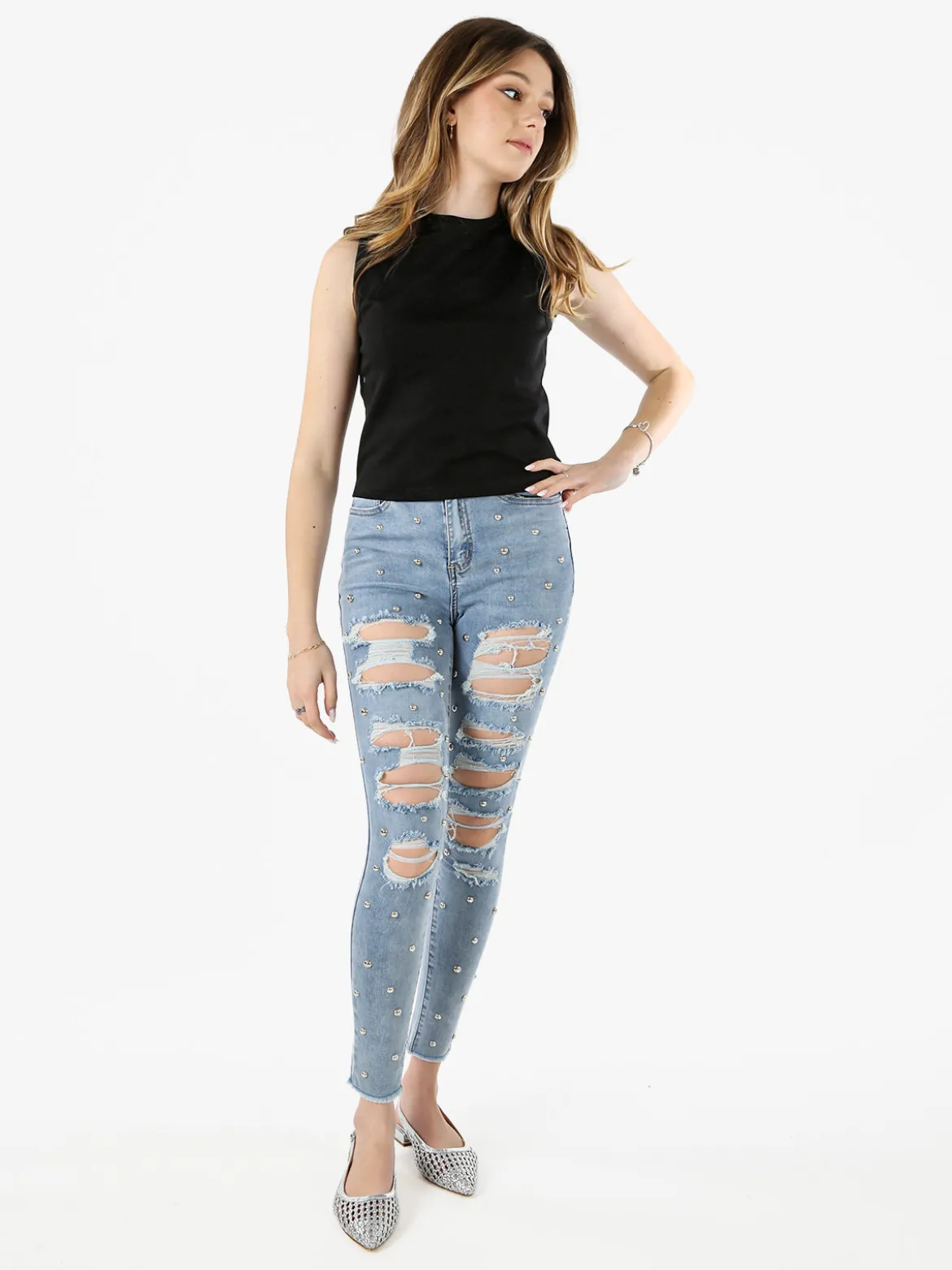 Solada Jeans donna skinny con borchie e strappi - jeans
