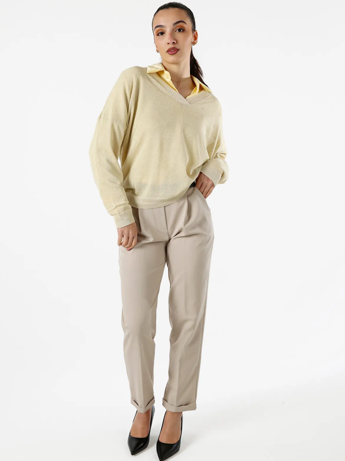 Solada Maglia donna lurex oversize con scollo V - oro