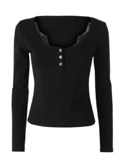 Solada Maglietta donna in cotone a maniche lunghe con dettaglio di pizzo - nero