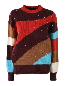 Solada Maglione donna oversize a blocchi di colore con strass - rosso