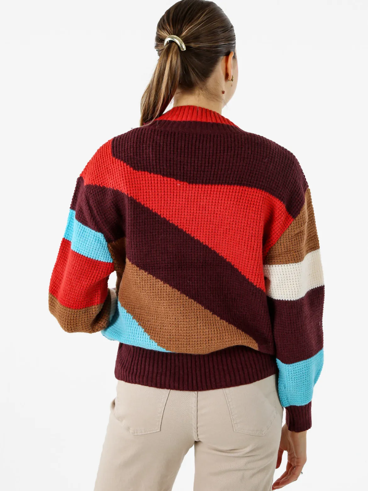 Solada Maglione donna oversize a blocchi di colore con strass - rosso