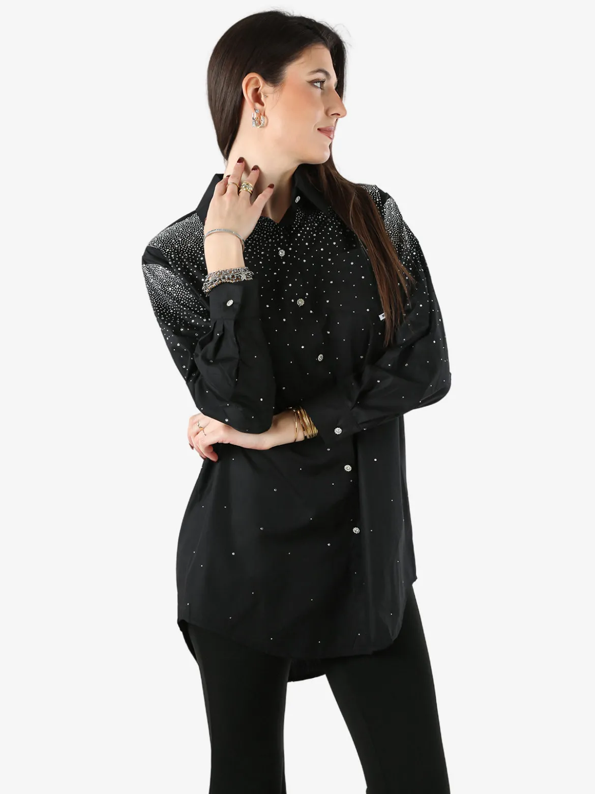 Solada Maxi camicia da donna con bottoni gioiello e strass - nero